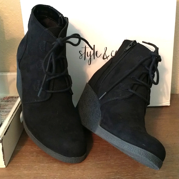 Style & Co. Shoes - EUC Wedge booties, lace up, side zip, size 7.5M, black suede.